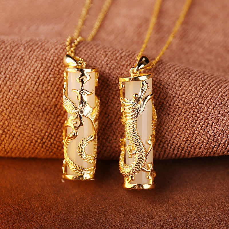 Jade Dragon Phoenix Copper Pendant – Coiled dragon and soaring phoenix on pale jade cylinders, balanced
