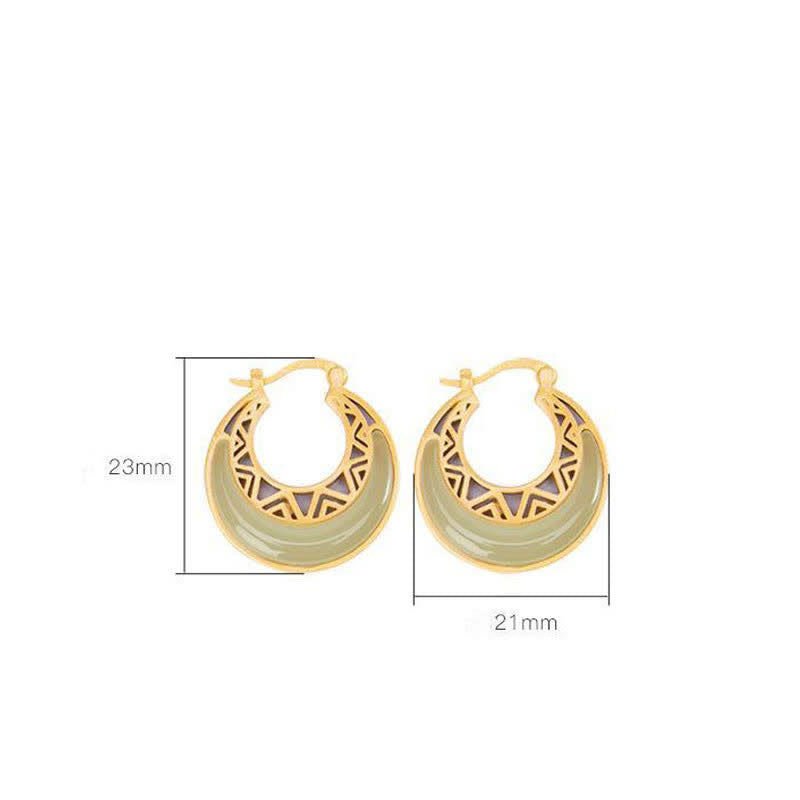 Crescent Moon Jade Drop Earrings – Gold hoop earrings with green jade crescent inlay and geometric triangle cutouts, white background with size annotations, 23x21mm