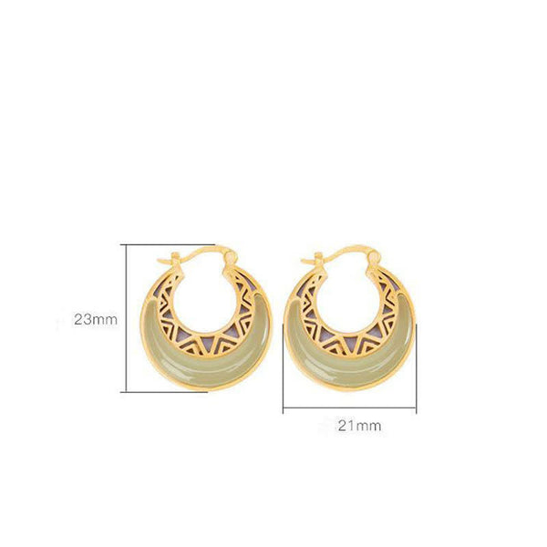 Crescent Moon Jade Drop Earrings – Gold hoop earrings with green jade crescent inlay and geometric triangle cutouts, white background with size annotations, 23x21mm