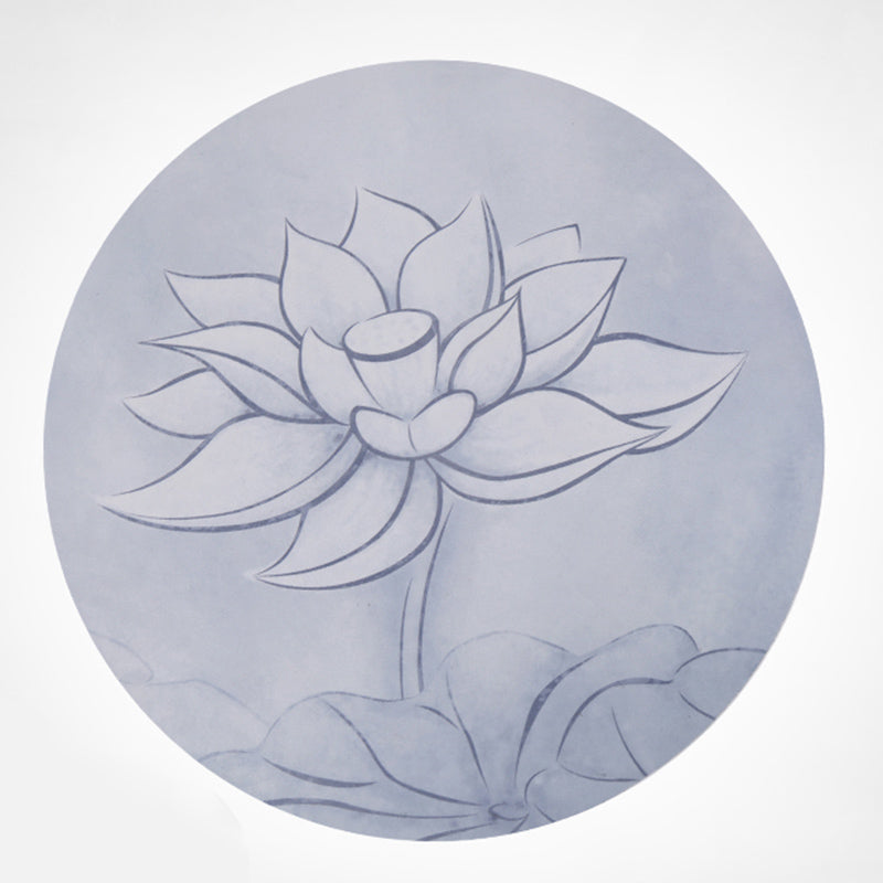 Lotus Mandala Yoga Mat – Blue-gray lotus line drawing with stem and leaves, minimalist ink wash circle art