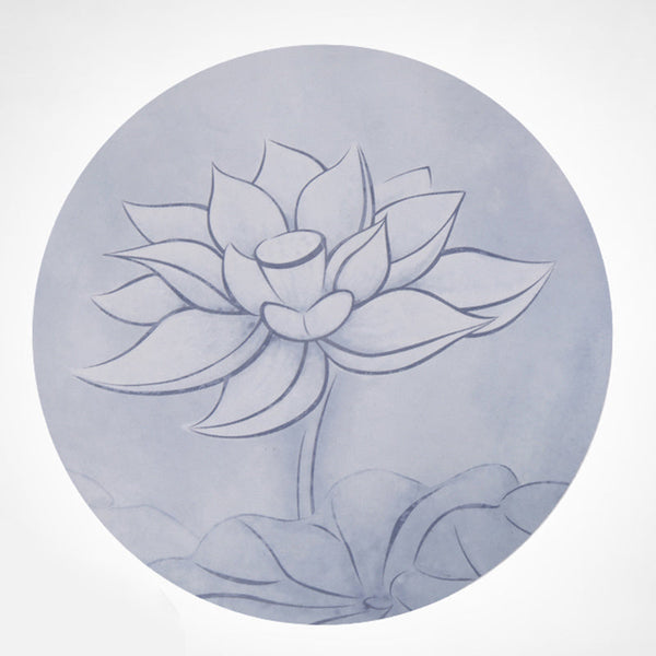 Lotus Mandala Yoga Mat – Blue-gray lotus line drawing with stem and leaves, minimalist ink wash circle art