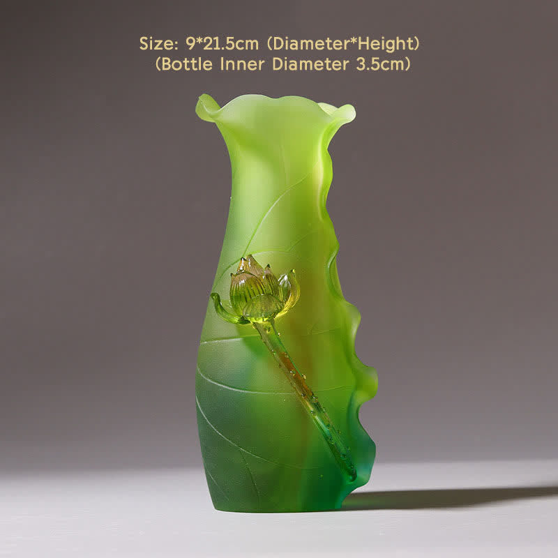 Feng Shui Lotus Liuli Crystal – gradient green leaf vase with amber lotus, elegant craft