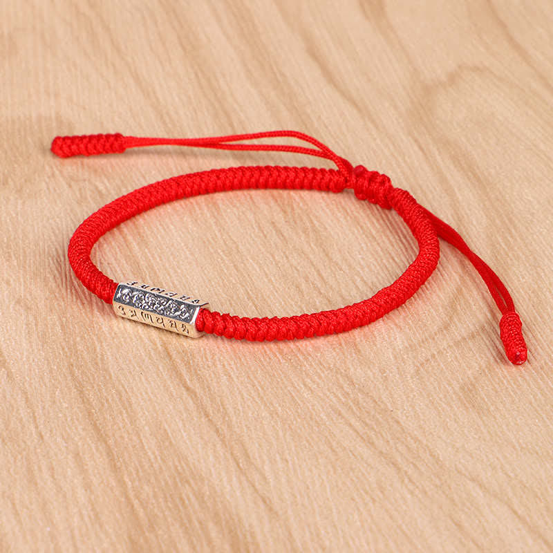 Red String Om Mani Padme Hum Bracelet - Red cord on natural wood, dual-tone silver charm