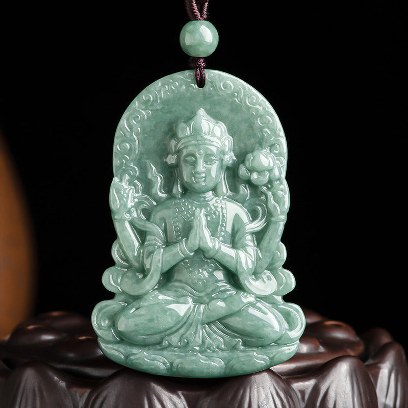 Avalokitesvara Jade Necklace Four-Armed Amulet Blessing 45cm – pale green four-armed deity, compassion bodhisattva jewelry