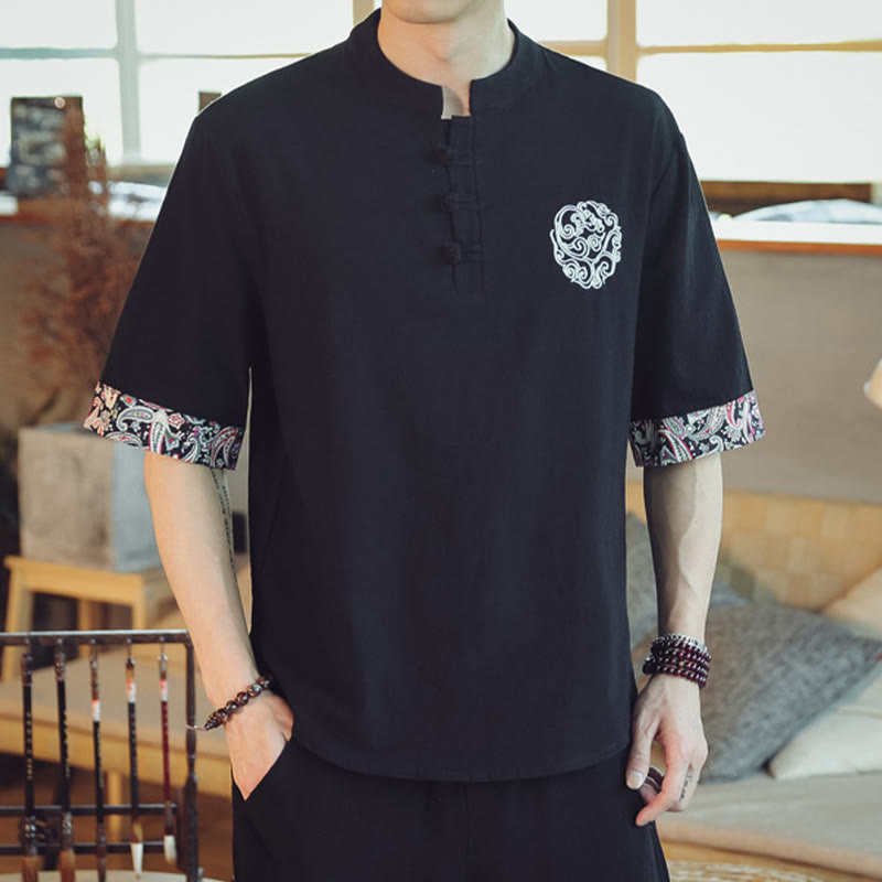 Dragon Embroidery Frog-Button Linen Tang Suit Shirt - Black shirt with patterned paisley cuffs, bold