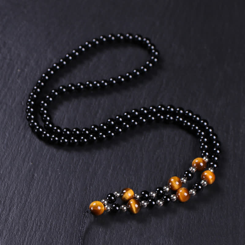 Black Obsidian Tiger Eye Bagua Yin Yang Pendant - Tiger eye and black obsidian beaded mala necklace with silver spacers, pray