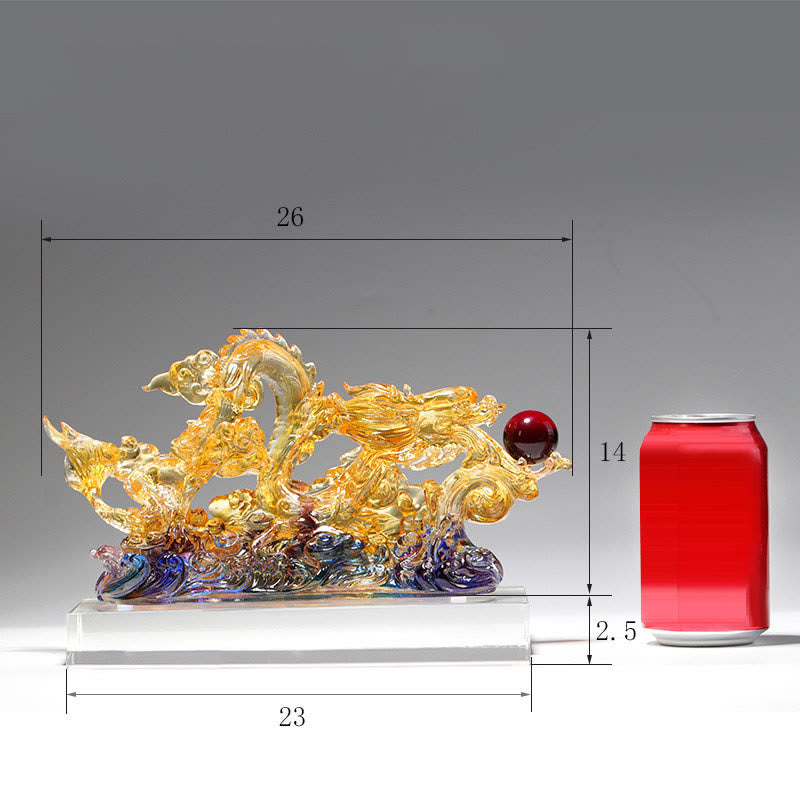 Handmade Dragon Liuli Crystal Art Piece - front view with size reference, 26x14cm, dragon pearl detail, powerful