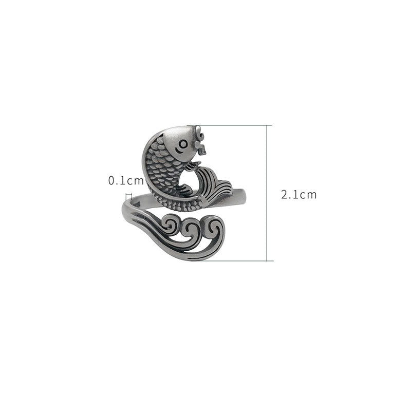 925 Sterling Silver Koi Ring – top-down flat photo on light background, detailed silver koi and water ripple carving