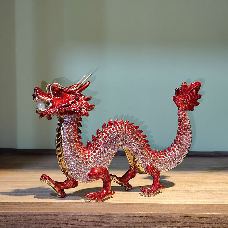 Handmade Feng Shui Dragon Decoration – Ruby red dragon, iridescent pink body with crystal scales, white background, Festive