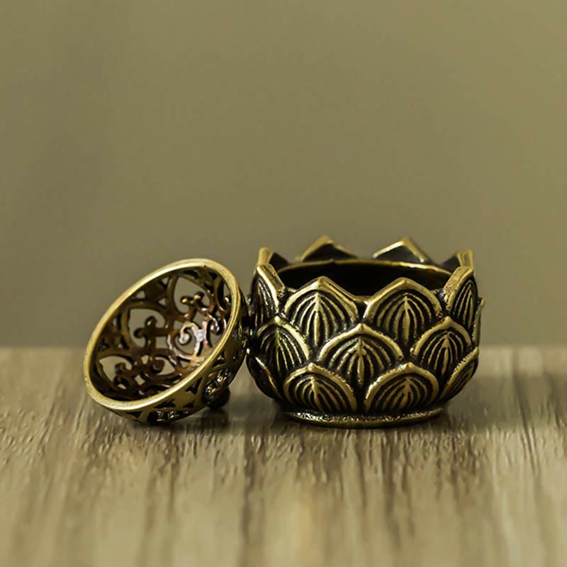 Tibetan Lotus Mini Incense Burner – Open bowl with tiered lotus petals, dome lid on wood