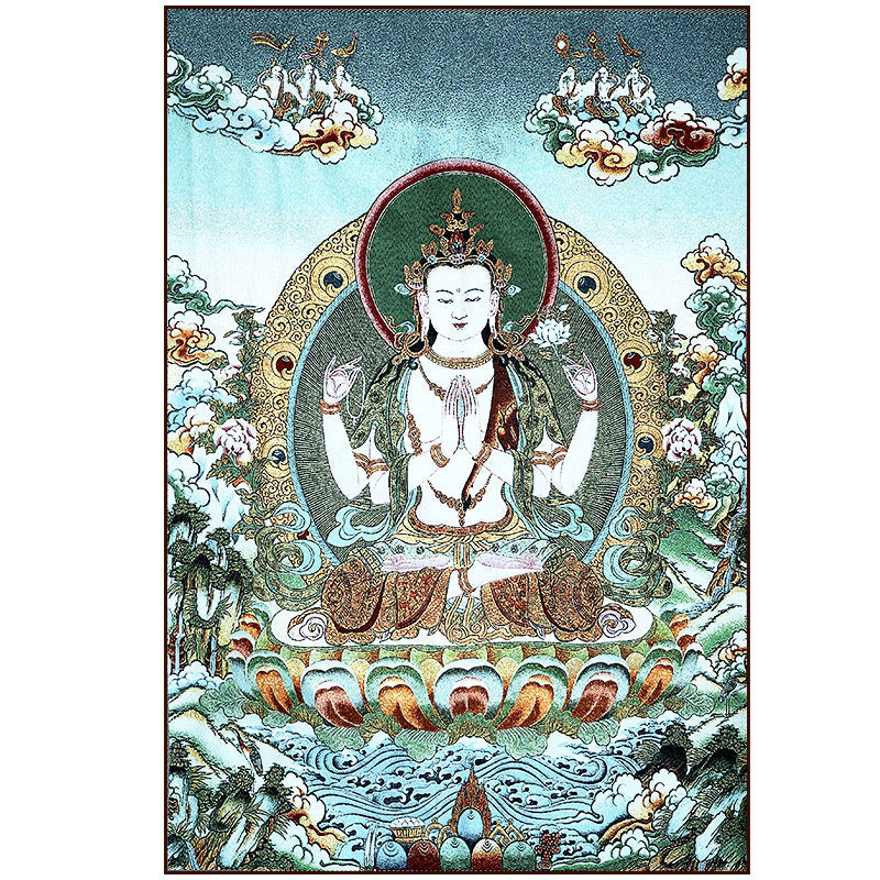 Tibetan Embroidery White Tara Thangka Tapestry – flat view 90x60cm, White Tara front, authentic textile
