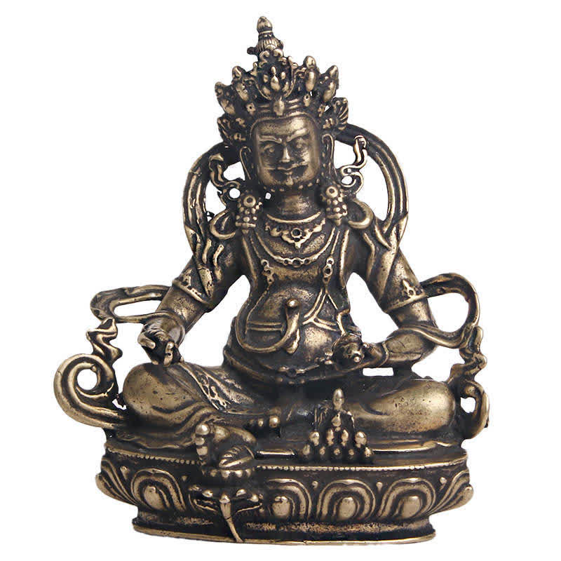Yellow Jambhala Copper Buddha Statue – scale with meter stick, long vertical prayer banner
