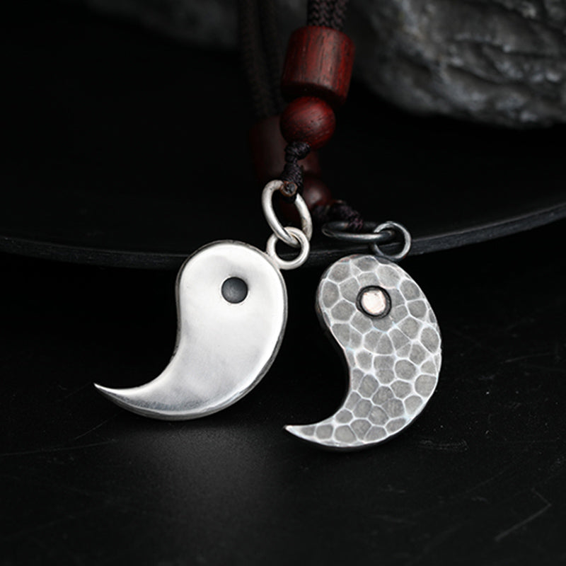 Sterling Silver Yin Yang Pendant - Two complementary yin-yang necklaces with wood beads, best friend couple jewelry set