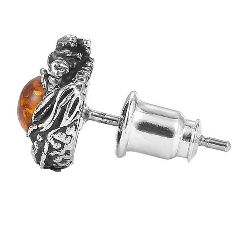 Sterling Silver Amber Dragon Earring – three-quarter side view with post and push-back, bark texture