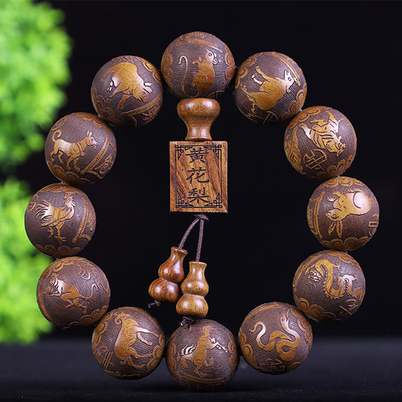 Chinese Zodiac Rosewood Ebony PiXiu Set – golden zodiac animals carved rosewood bracelet, green background, feng shui luck