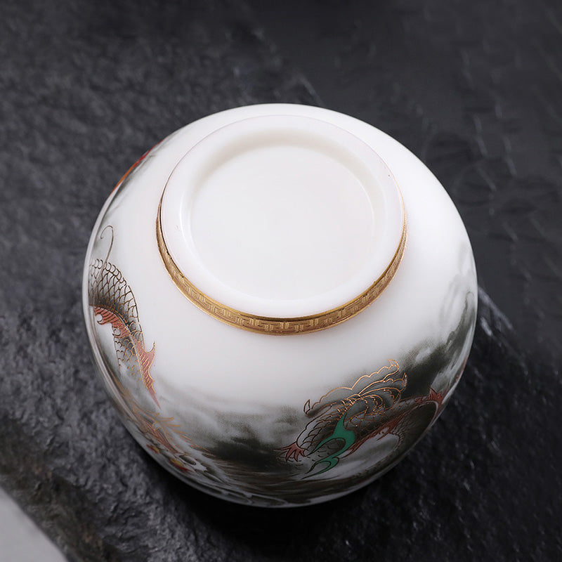 Dragon Gilt Porcelain Teacup - Dragon winding around base with gold fret border, traditional