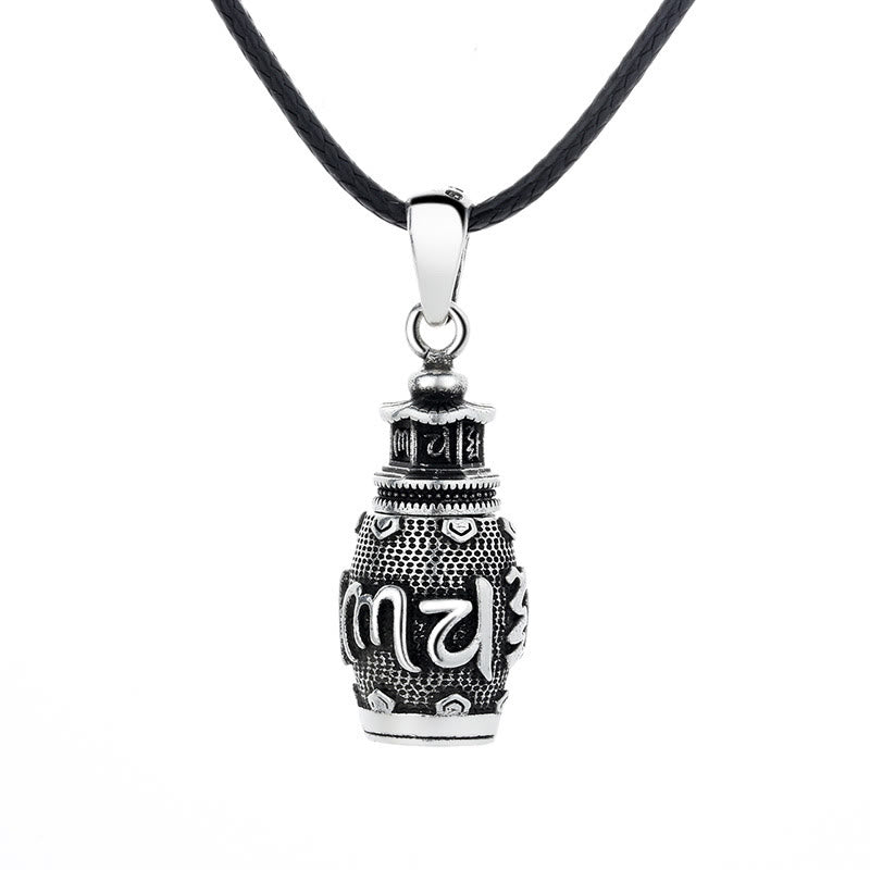 Om Mani Padme Hum Copper Pendant Necklace – Frontal prayer wheel with Sanskrit on white, mantra necklace