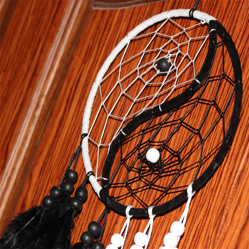 Yin Yang Dream Catcher with Feathers – Dual ring on wood door beads and feathers, wall hanging