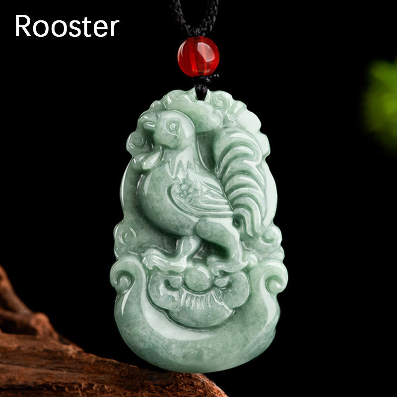 Green Jade Zodiac Necklace - Rooster with elaborate tail feathers and cloud base, confidence charm