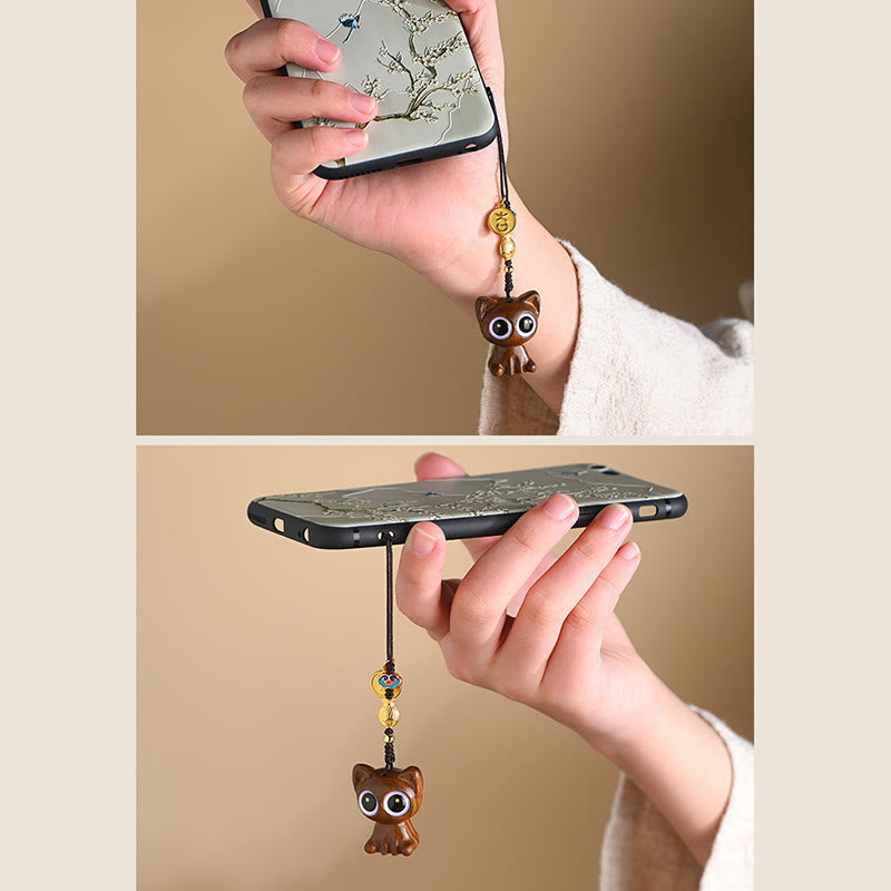 Green Sandalwood Key Chain – natural wood grain texture, koi fish and lucky cat