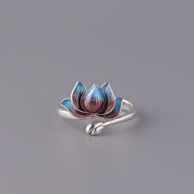 925 Sterling Silver Lotus Ring - Enamel bloom with turquoise-red petals, adjustable silver jewelry