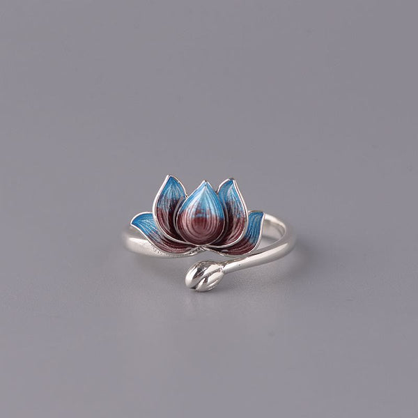 925 Sterling Silver Lotus Ring - Enamel bloom with turquoise-red petals, adjustable silver jewelry