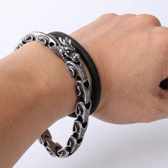 Dragon Titanium Steel Luck Bracelet Bangle - worn on wrist with black band, oxidized scale texture, men's jewelry