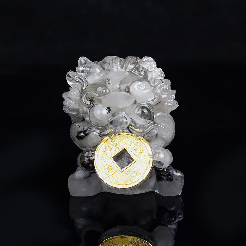 Handmade PiXiu Crystal – Clear white quartz crystal front view on black, energy decor