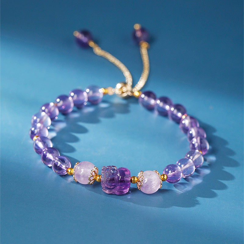 Amethyst PiXiu Bracelet – purple amethyst beads moonstone blue surface, spiritual protection