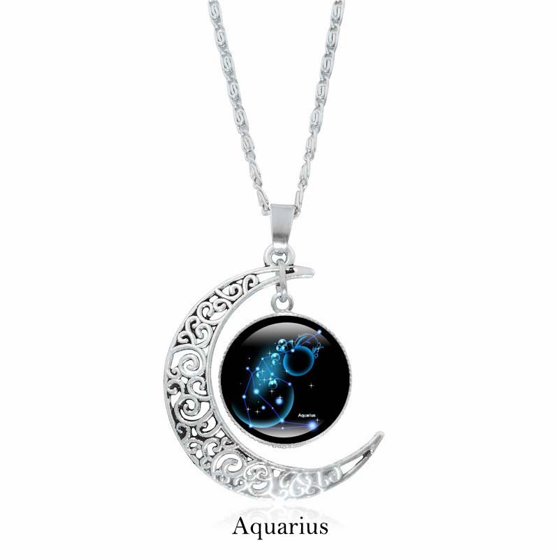 Zodiac Moon Protection Copper Necklace - Silver crescent moon with Aquarius zodiac constellation cabochon in glowing blue on dark starry background