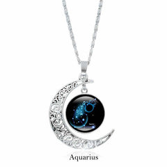 Zodiac Moon Protection Copper Necklace - Silver crescent moon with Aquarius zodiac constellation cabochon in glowing blue on dark starry background