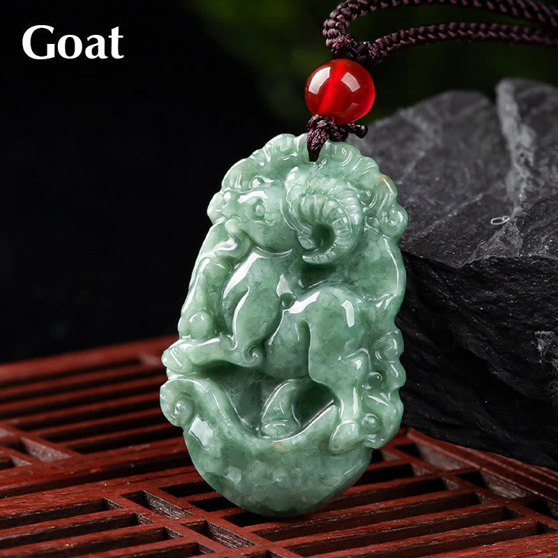 Jade Zodiac Prosperity Necklace – Goat with curled horns on dark wood, harmonious, calm