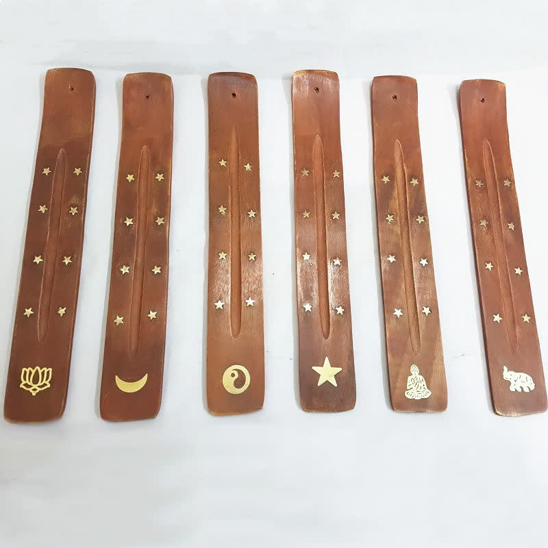 Wood Incense Burner - Six handcrafted holders with lotus, moon, yin-yang, star, Buddha and elephant brass inlays on white, incense burner Hauptbild