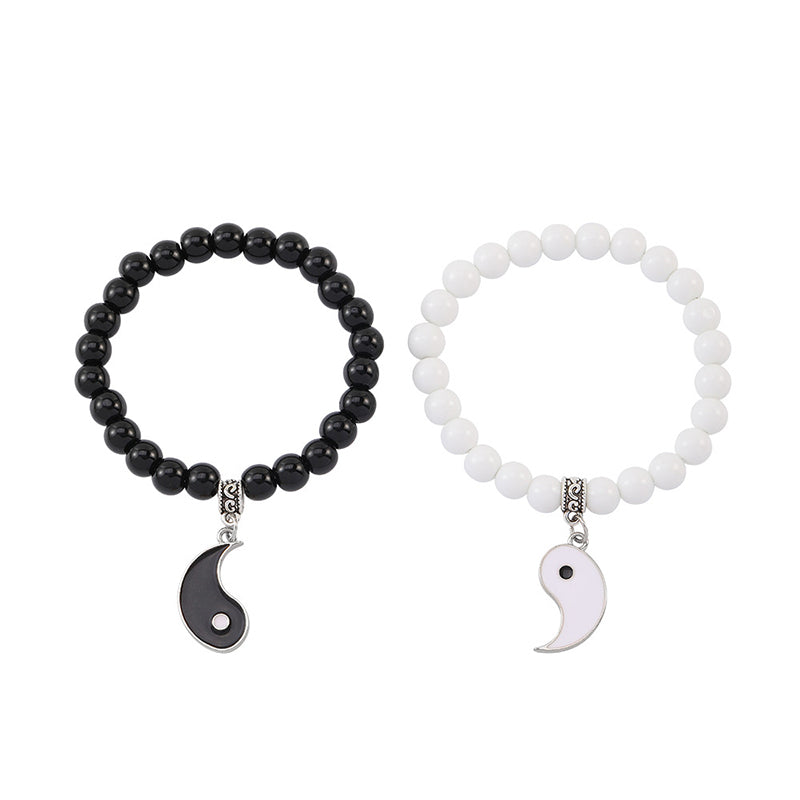 Yin Yang Protection Couple Bracelet - Black onyx and white turquoise beaded bracelets side by side, yin-yang couple bracel...