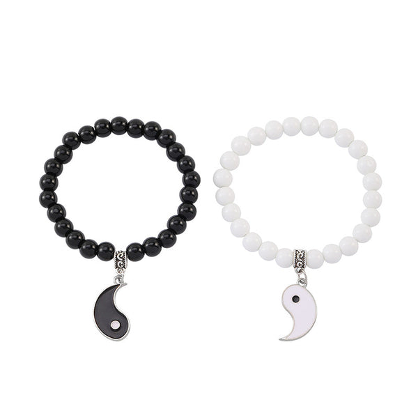 Yin Yang Protection Couple Bracelet - Black onyx and white turquoise beaded bracelets side by side, yin-yang couple bracel...