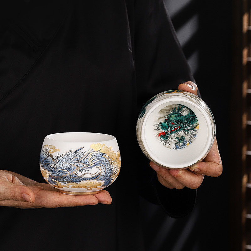 Dragon Cicada Ceramic Tea Bowl - blue and gold dragon exterior with green dragon interior medallion, handcrafted porcelain