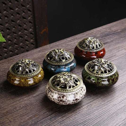 Flower Pattern Ceramic Burner – five reactive glaze colors with lotus lids on wood, mindful