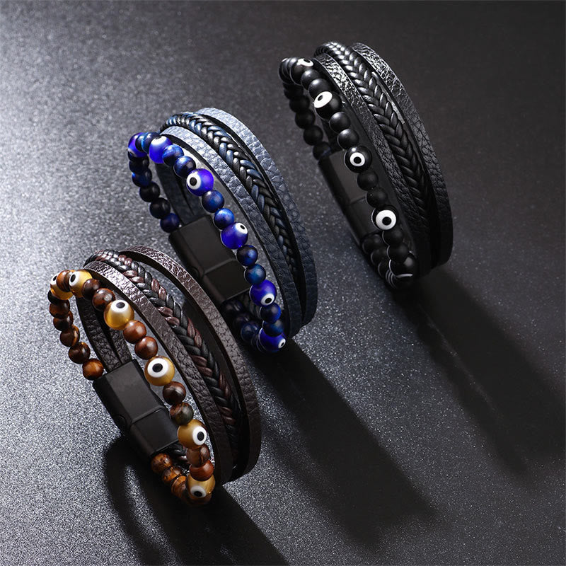 Evil Eye Tiger Eye Bracelet – Three color variants brown blue black layered leather evil eye bracelets