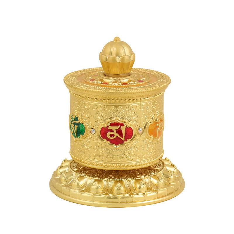 Lotus Prayer Wheel - Close-up showing green, red and orange mantra medallions, ornate gift