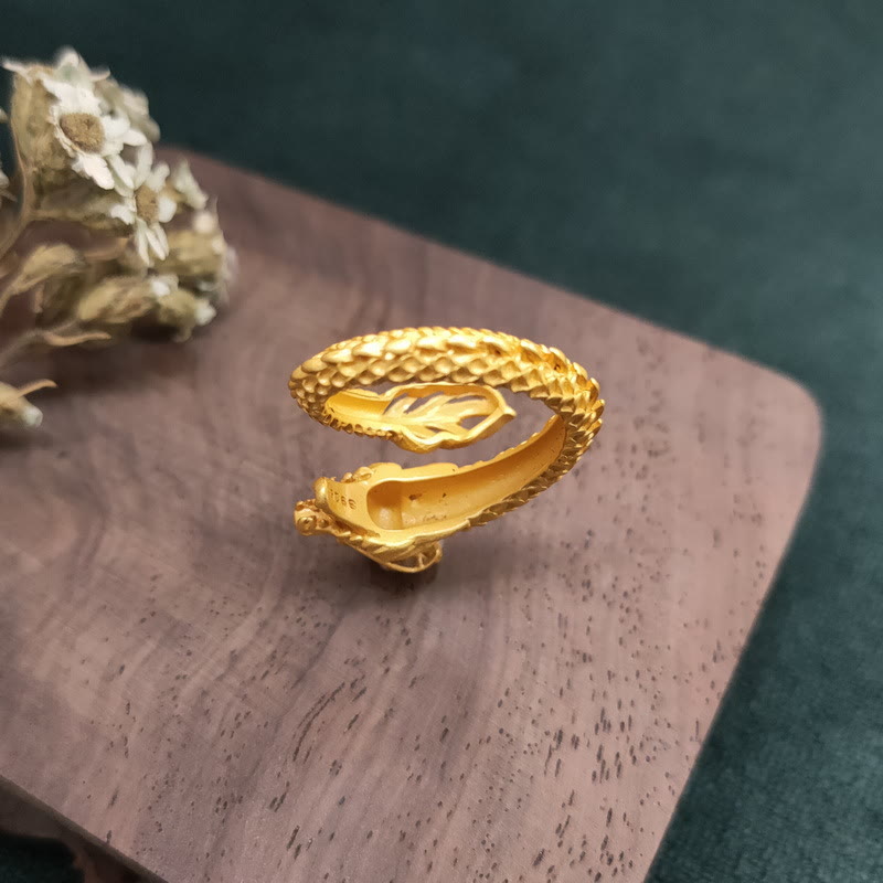 Golden Dragon Success Strength Ring - hollow dragon ring with cutout body and openwork design