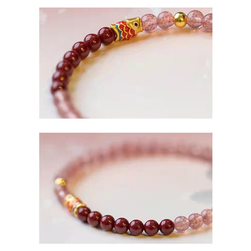 Strawberry Quartz Koi Bracelet – koi fish bead at center with surrounding quartz beads bokeh