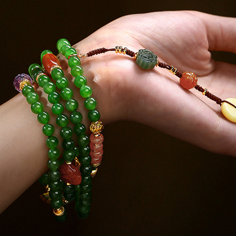 108 Mala Beads Jade Agate Bracelet – Laughing Buddha guru bead centerpiece, mindfulness mala