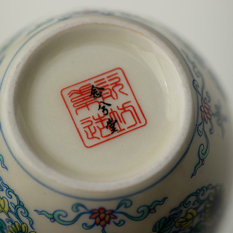 Koi Peony Teacup – multiple angle view with peony and koi details, ceramic cup