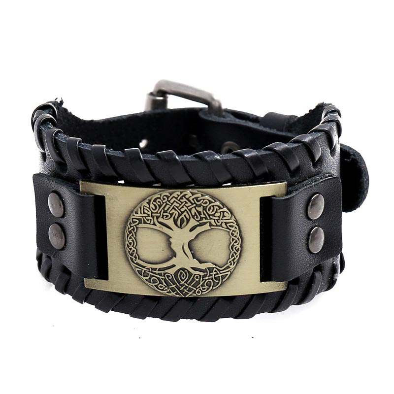 Tree of Life Copper Leather Bracelet – black leather with antique brass Tree of Life medallion, white background product shot
