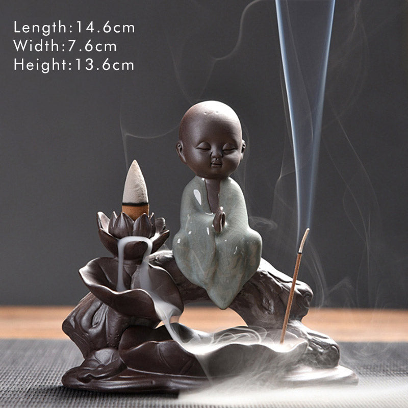 Little Monk Ceramic Incense Burner - Monk in prayer pose eyes closed, backflow incense and lotus, ceramic meditation decor