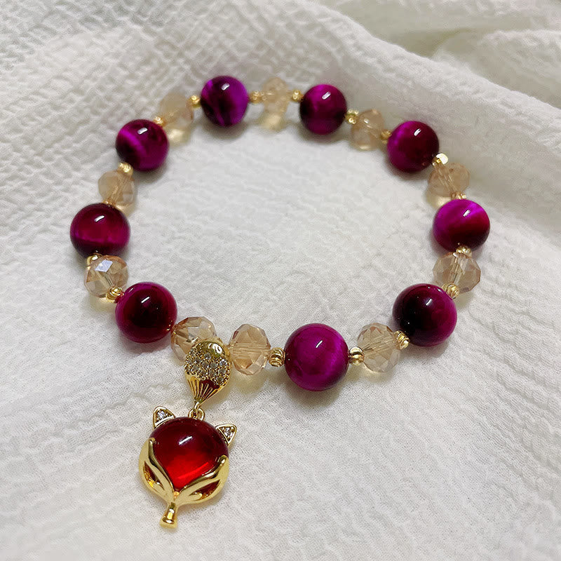 Red Tiger Eye PiXiu Fox Bracelet – Bracelet white fabric gold fox charm, feminine confidence gift