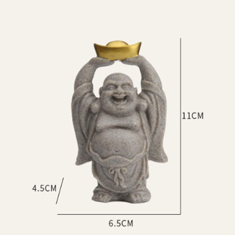Laughing Buddha Resin Statue - front product shot with size reference, gray stone finish, Compact