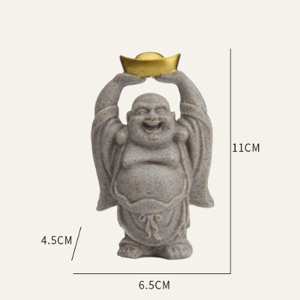Laughing Buddha Resin Statue - front product shot with size reference, gray stone finish, Compact