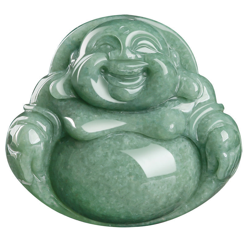 Laughing Buddha Cyan Jade Harmony Necklace – Cool-toned jade pendant with happy Buddha posture, calming accessory