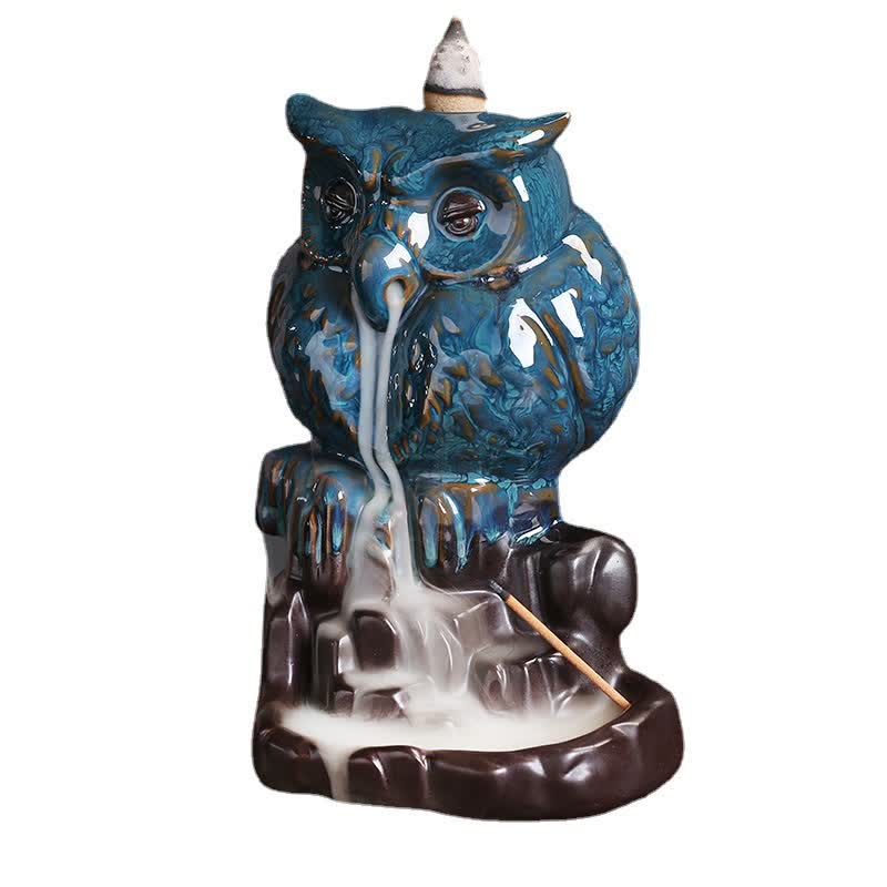 Owl Ceramic Backflow Incense Burner - white background with cascading smoke, serene